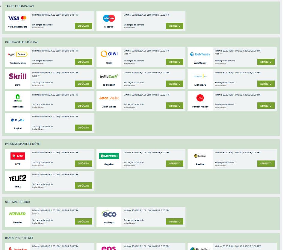 Lista de opciones de pago